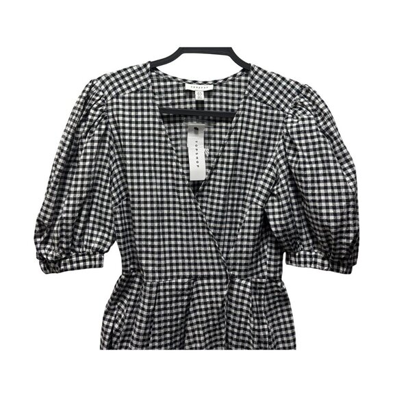Topshop Black & White Gingham Puff Sleeve Wrap Mini Dress Size 6 - Picture 4 of 7